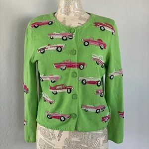 Vtg MICHAEL SIMON Beaded 1950s 60s Cars Sweater M